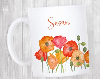 Personalized Poppy Flower Coffee Mug, Floral Name Gift