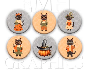 Teacher Themed Halloween Magnets, Whiteboard or Fridge Magnets, Black Cat Teachers, 1.5" Set of Six