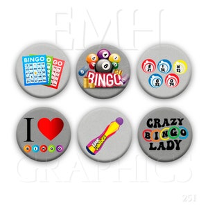 Bingo Magnets or Pinbacks, Buttons, 1.5 inches, Set of Six, Fridge Magnets, Gift for Bingo Lover