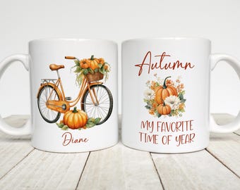 Personalized Autumn Coffee Mug, Pumpkins and Bicycle, Fall Decor, Custom Coffee Cup
