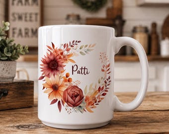 Personalized Autumn Coffee Mug With Name, Fall Colors, Autumn Flowers, Fall Floral Decor
