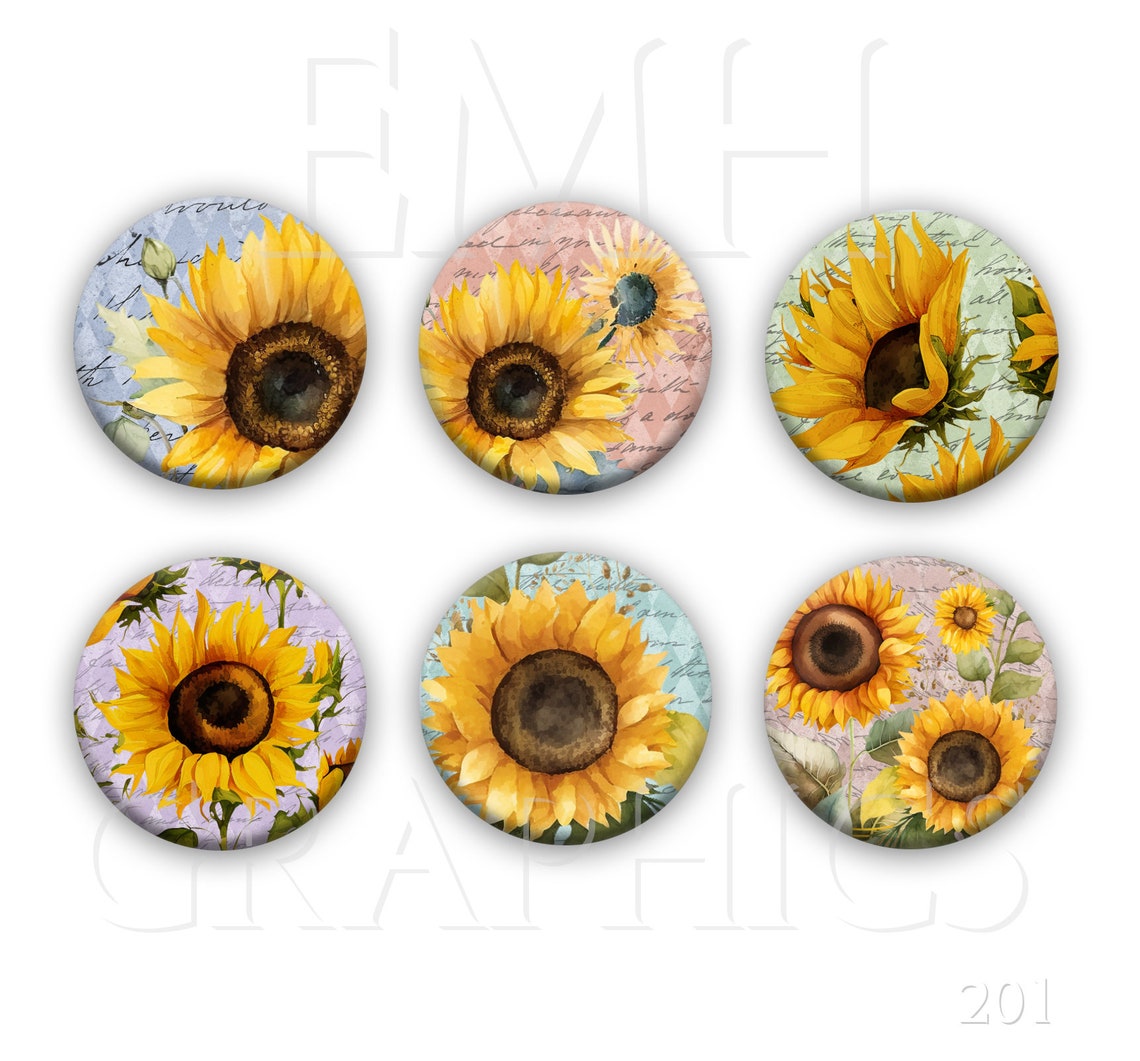Sunflower Magnets, 1.5 Inches, Fridge or Whiteboard Magnets, Set of Six ...