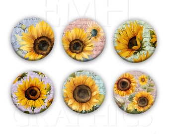 Sunflower Magnets, 1.5 inches, Fridge or Whiteboard Magnets, Set of Six, Colorful Golden Flower Magnets
