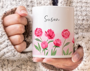 Pink Peonies Custom Ceramic Mug, Floral Coffee Cup, Personalized Gift