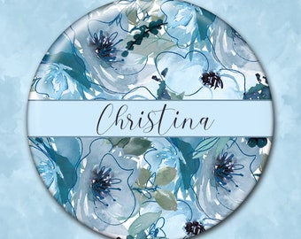 Personalized Pocket Mirror, Gift for Her, Bridesmaid Gift, Blue Flowers