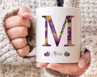 Floral Initial Coffee Mug, Personalized Monogram Ceramic Cup