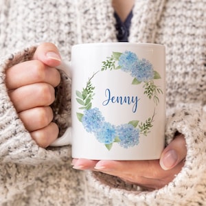 Hydrangea Wreath, Personalized Coffee Mug, Blue Hydrangea Flower, Best Friend Gift, Bridesmaid Gift, Pretty Mug, Gift for Her