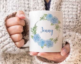 Tasse à café personnalisée en forme de couronne d'hortensias, cadeau floral
