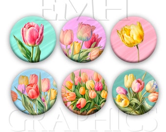 Spring Tulip Magnets, Colorful Tulips, Fridge Magnets, Pretty Flowers, Mother's Day Gift, Gift for Her, 1.5" Set of Six, Refrigerator Art