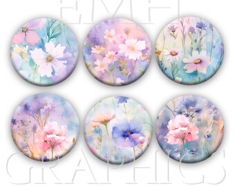 Wildflower Fridge Magnets, Spring Summer Flowers, Refrigerator Magnets, Watercolor Wild flowers, 1.5inches, Set of Six, Pastel Colors