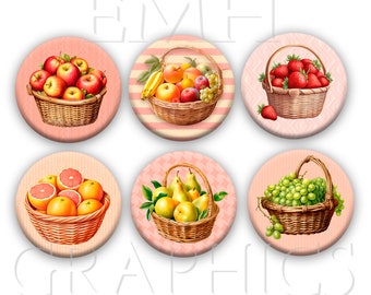 Fruit Fridge Magnets, Baskets of Fruit, Refrigerator Magnets, Kitchen Decor, Gift for Her, 1.5 inches, Set of Six, Apples, Strawberries