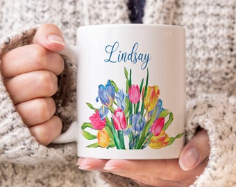 Colorful Tulip Flower Mug, Personalized Ceramic Coffee Cup