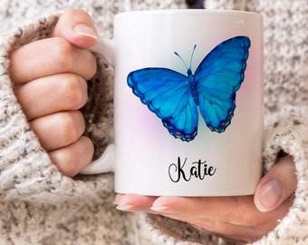 Butterfly Mug Blue, Custom Butterfly Gift with Name, Personalized Gift for Her, Pretty Butterflies, Custom Coffee Mug, Blue Butterflies