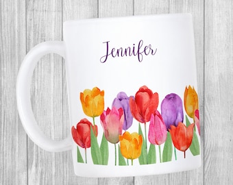 Custom Tulip Mug, Colorful Flowers Coffee Cup, Personalized Gift for Her, Gift for Mom, Mother's Day, Spring Flowers