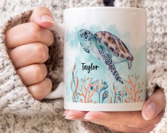 Taza de café personalizada con diseño de tortuga marina: regalo submarino