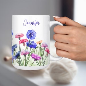 Cornflowers, Personalized Coffee Mug, Gift for Her, Pretty Blue and Pink Flowers, Garden Tea or Coffee Cup, Custom Ceramic Name Mug