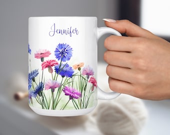 Cornflowers, Personalized Coffee Mug, Gift for Her, Pretty Blue and Pink Flowers, Garden Tea or Coffee Cup, Custom Ceramic Name Mug