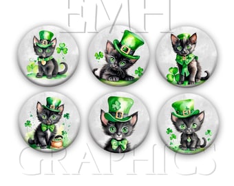 St. Patrick's Day Magnets, Black Cat Refrigerator Magnets, St. Patrick Kitties, 1.5 Inches, Set of Six, Kitchen Magnets