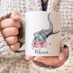 Custom Elephant Name Mug Gift, Gift for Elephant Lover. Trunks Up Elephant, Symbol of Good Luck