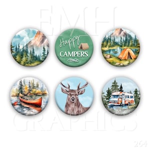 Camp Fridge Magnets, 1.5&quot; Set of Six, RV Campers,  Outdoorsman, Happy Camper, Kitchen Magnets, Camping Lover, Refrigerator magnets