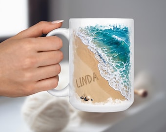 Personalized Beach Mug, Name in the Sand, Coastal Decor, Ocean Waves, Custom Gift