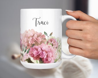 Pink Hydrangea Mug, Custom Coffee Cup, Personalized Hydrangea Mug, Gift for Her, Mother's Day Gift, Tea Coffee Name Cup