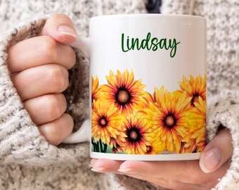 Personalized Sunflower Coffee Mug, Summer Yellow Flowers
