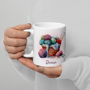 Gift for Knitter, Personalized Coffee Mug, Custom Gift for Knitting Friend, Basket of Yarn, Ceramic Name Cup