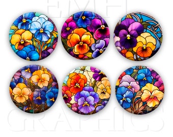 Pansy Flower Magnets, Colorful Pansies, Stained Glass Look, Gift for Her, 1.5 inches, Set of Six, Fridge Magnets