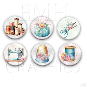 May include: Six round, colorful, decorative buttons with a sewing theme. The buttons feature images of spools of thread, a thimble, a sewing machine, a pincushion, and scissors.