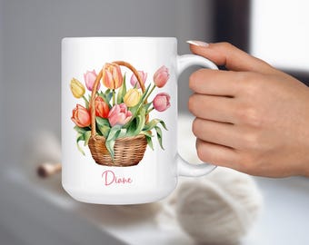 Tulip Flower Mug, Personalized Coffee Mug, Custom Name Cup, Basket of Tulips, Colorful Spring Flowers, Gift for Her, Gardener Gift