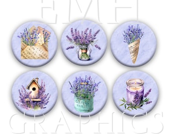 Lavender Refrigerator Magnets, 1.5", Set of Six, Purple Flower Fridge Magnets, Home Decor
