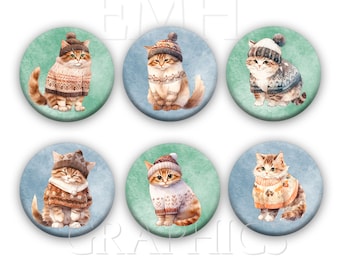 Cats Fridge Magnets, Refrigerator Art, Kitchen Magnets, 1.5 inches, Set of Six, Hostess Gift for Cat Lover, Winter Kitties