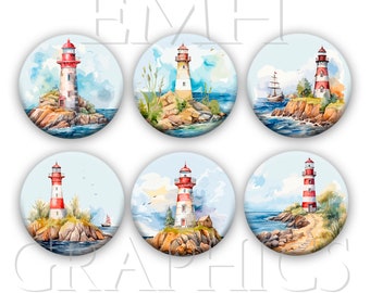 Lighthouse Magnets, Seaside Coastal, 1.5 Inches, Set of Six, Kitchen Decor, Fridge Magnets, Ocean Nautical Decor, Hostess Gift