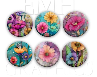 Flower Magnets, Whimsical Floral Refrigerator Magnets, 1.5", Set of Six