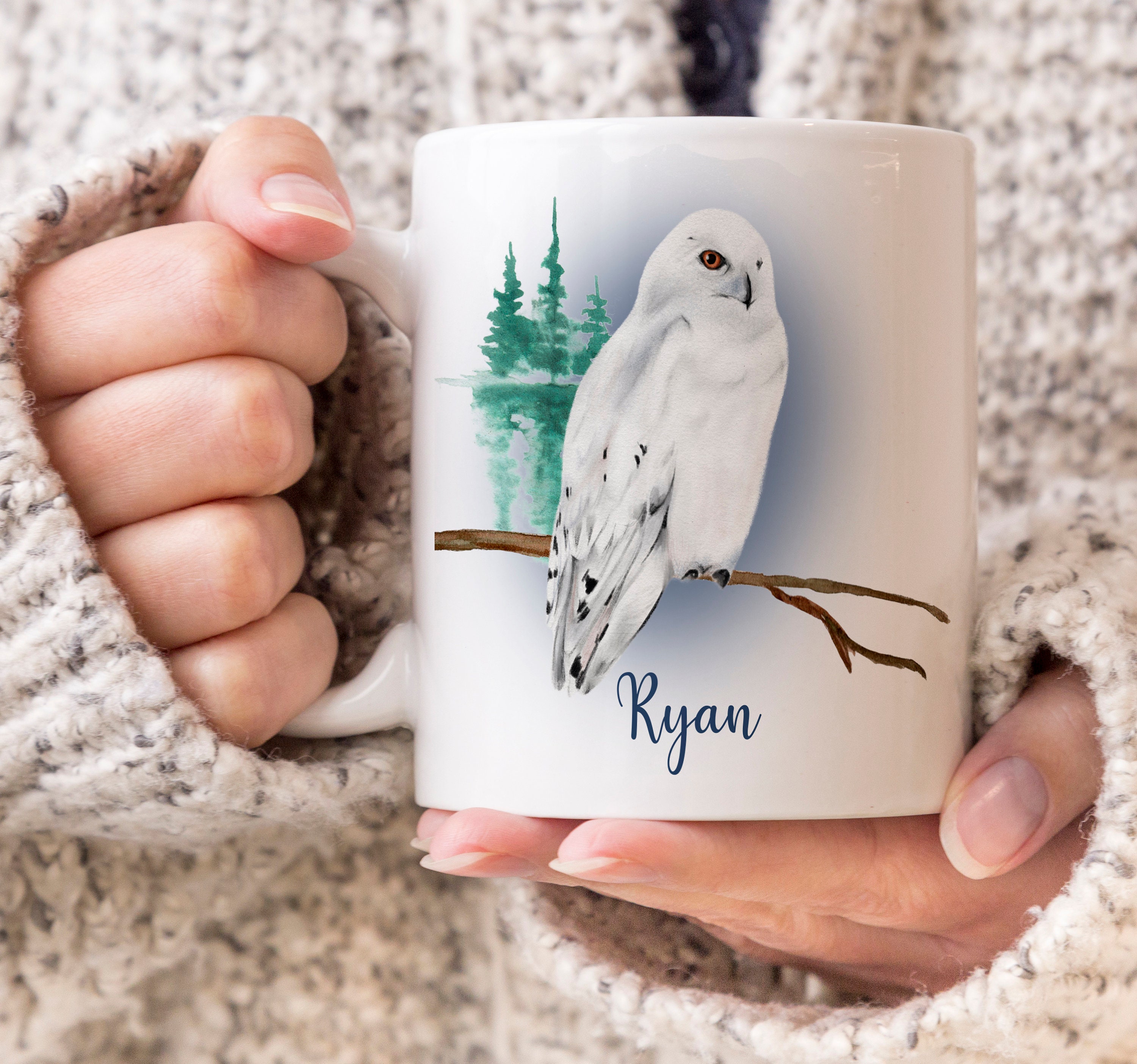 Personalized White Owl Mug, Nature Scene Coffee Cup