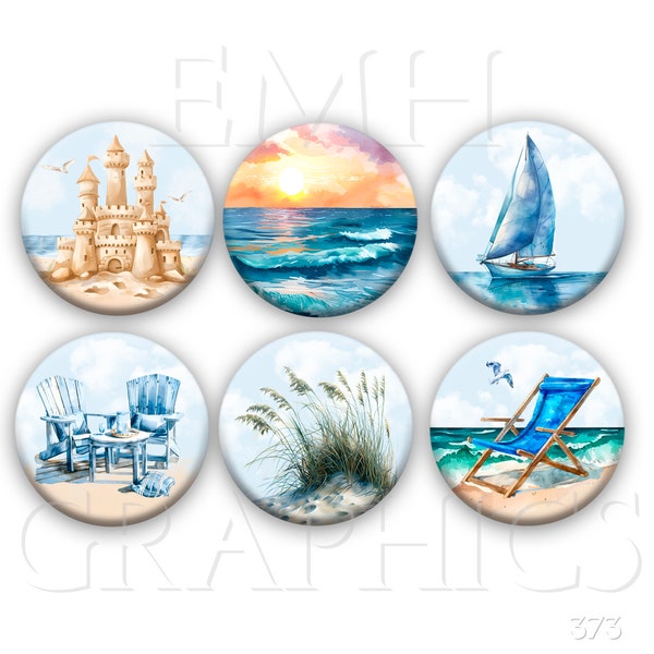 Beach Fridge Magnets, 1.5", Set of Six, Vacation Home, Hostess Gift, By the Sea, Refrigerator Art, Ocean Theme, Summer Magnets