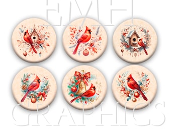 Red Cardinal Fridge Magnets, Set of Six, 1.5 inches, Refrigerator Whiteboard Magnets, Christmas Kitchen or Classroom Decor