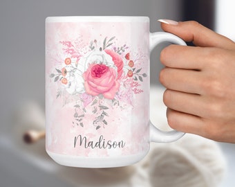 Beautiful Pink and White Roses Custom Name Mug, Personalized Gift for Her, Microwave Dishwasher Safe Ceramic Cup