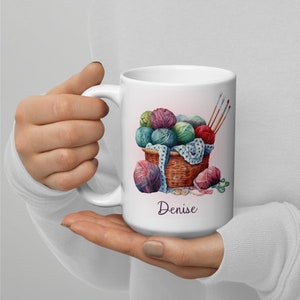 Gift for Knitter, Personalized Coffee Mug, Custom Gift for Knitting Friend, Basket of Yarn, Ceramic Name Cup