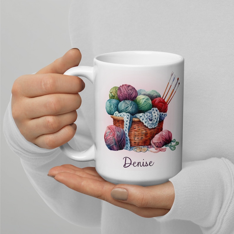 Gift for Knitter, Personalized Coffee Mug, Custom Gift for Knitting Friend, Basket of Yarn, Ceramic Name Cup