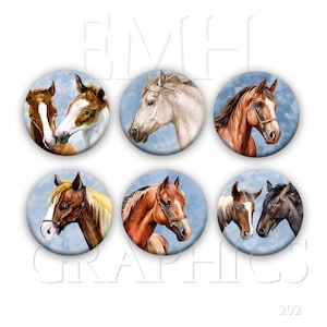 Horse Magnets, 1.5" Set of Six Fridge Magnets, Refrigerator Art, Whiteboard or Locker Magnets, Hostess Gift, Horse Lover, Pretty Horses