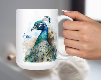 Taza de pavo real personalizada, taza de pájaro exótico colorido, regalo personalizado para ella, amante del pájaro pavo real, taza de nombre personalizado, regalo personalizado