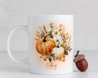 Custom Autumn Coffee Mug, Personalized Gift, Pumpkins and Fall leaves, Ceramic Name Cup, Thanksgiving Hostess Gift