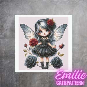 Cross stitch pattern PDF little fantasy gothic butterfly fairy, instant download, modern counted cross stitch embroidery grid pattern.