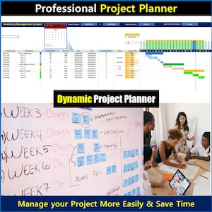 May include: A whiteboard with a project plan written on it. The plan is divided into weeks and tasks. The tasks are written on sticky notes and are color-coded. The whiteboard is surrounded by people working on the project.