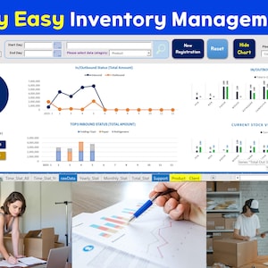 May include: A digital inventory management dashboard with charts and graphs displaying data. The text "Very Easy Inventory Management" is at the top. The image also shows people working with inventory.