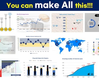 May include: A collage of charts and graphs showing data visualizations for various business metrics, including monthly average income, customer satisfaction, project progress, and sales volume. The image also includes a world map with blue markers, a line graph showing the growth of internet users, and a cartoon cat.