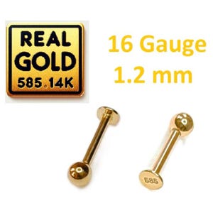 14K SOLID GOLD 585 ECHTGOLD Gelb Labret Stud Stecker Piercing Kugel Ohr 16G 1.2mm Solitaire Knorpel Ohrring Schraubbar flache Rückseite 8mm