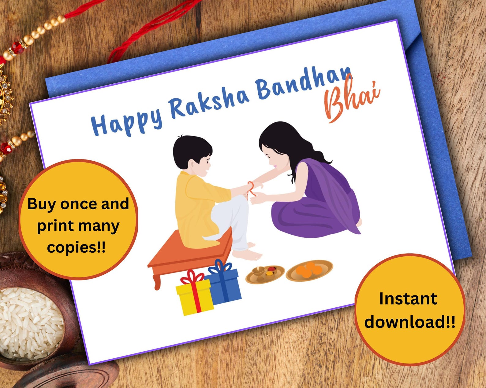 Printable Raki Card Raksha Bandhan Card for Brother, Printable Rakhi Card for Bhai, Happy ...